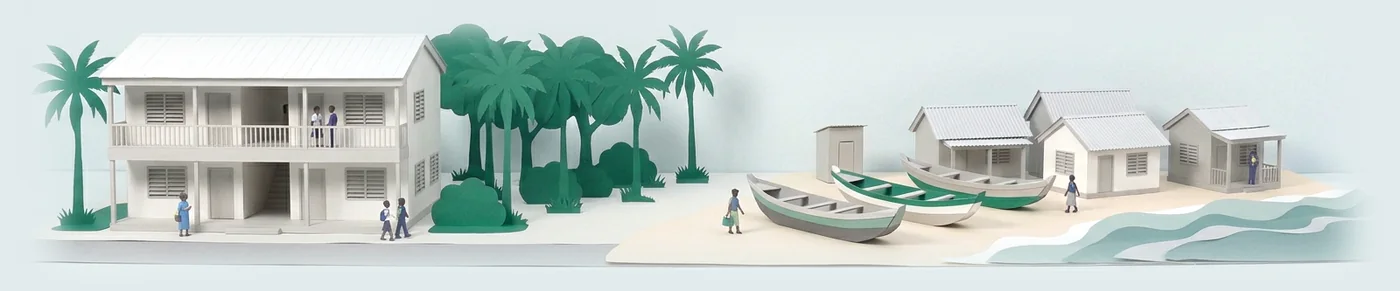 Illustration: a paper model of a two-storey office near palm trees and a beach with fishing canoes.