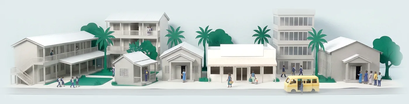Illustration: a paper model of a Ghanaian town with a school, a hall of residence, a lending office, a supermarket, an office block and a tro-tro.