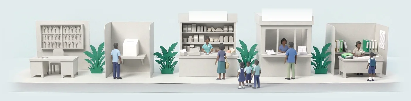 Illustration: a row of paper counters: a hall key cabinet, a polling booth, a shop till, a lending window and a school office.