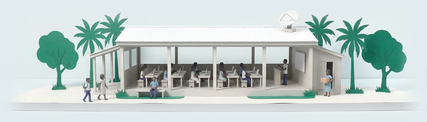 Illustration: a paper training hall where people work at laptops while a trainer stands at a whiteboard.