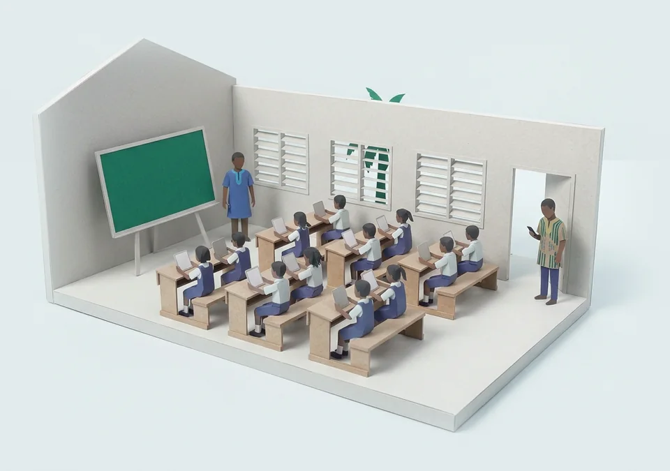 Illustration: a paper classroom with pupils using tablets, a teacher at the board and a parent checking a phone at the door.