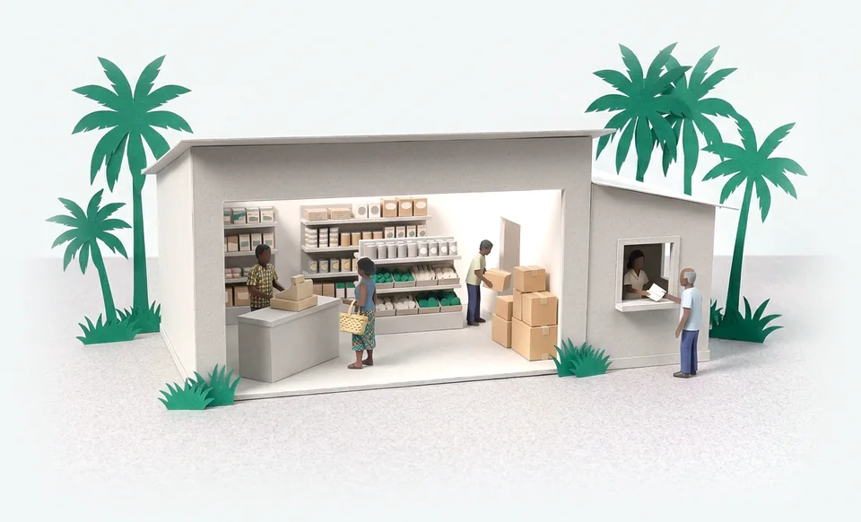 Illustration: a paper supermarket with a cashier at the till and a lending office window next door.