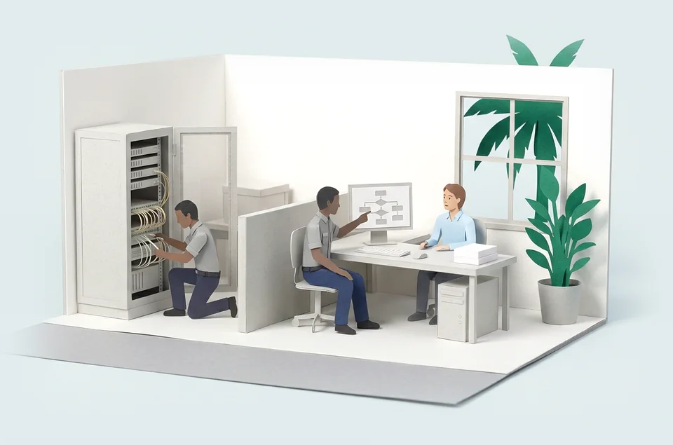 Illustration: a paper office where one technician checks a server cabinet while another shows a staff member how the system works.